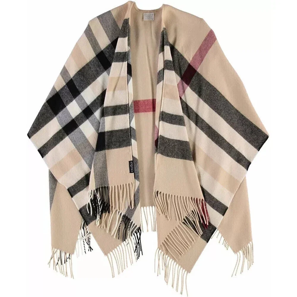 Fraas Scarf Company Women's Plaid Ruana Wrap Fringe Trim Beige